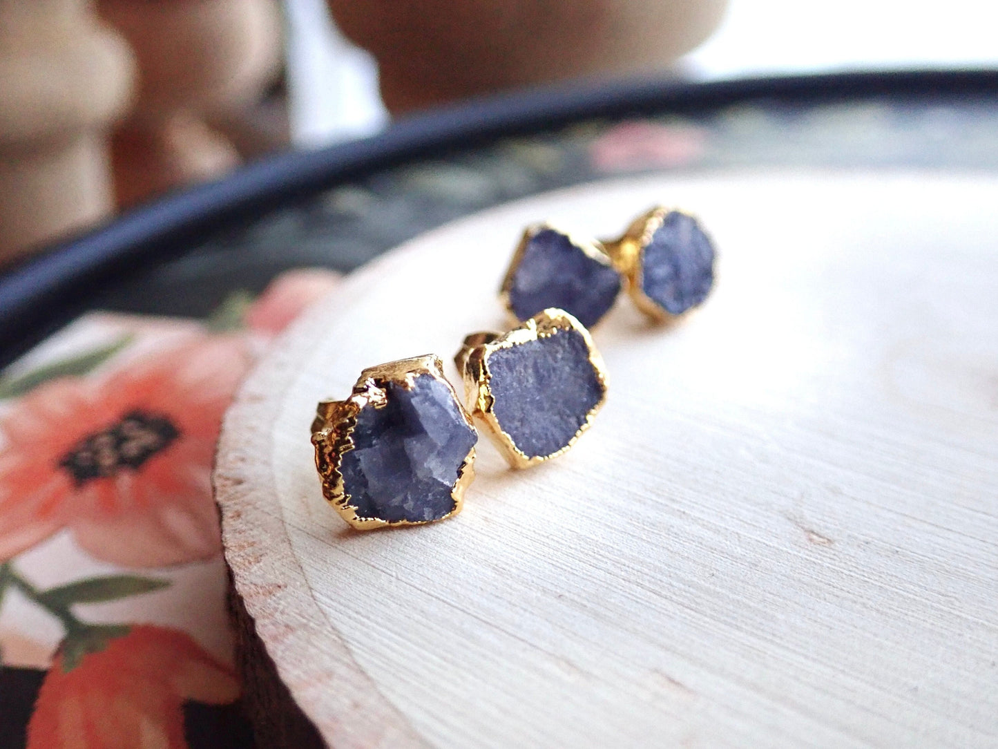 Raw Tanzanite Stud Earrings – Electroplated in 14k Gold Vermeil | Natural December Birthstone Jewelry