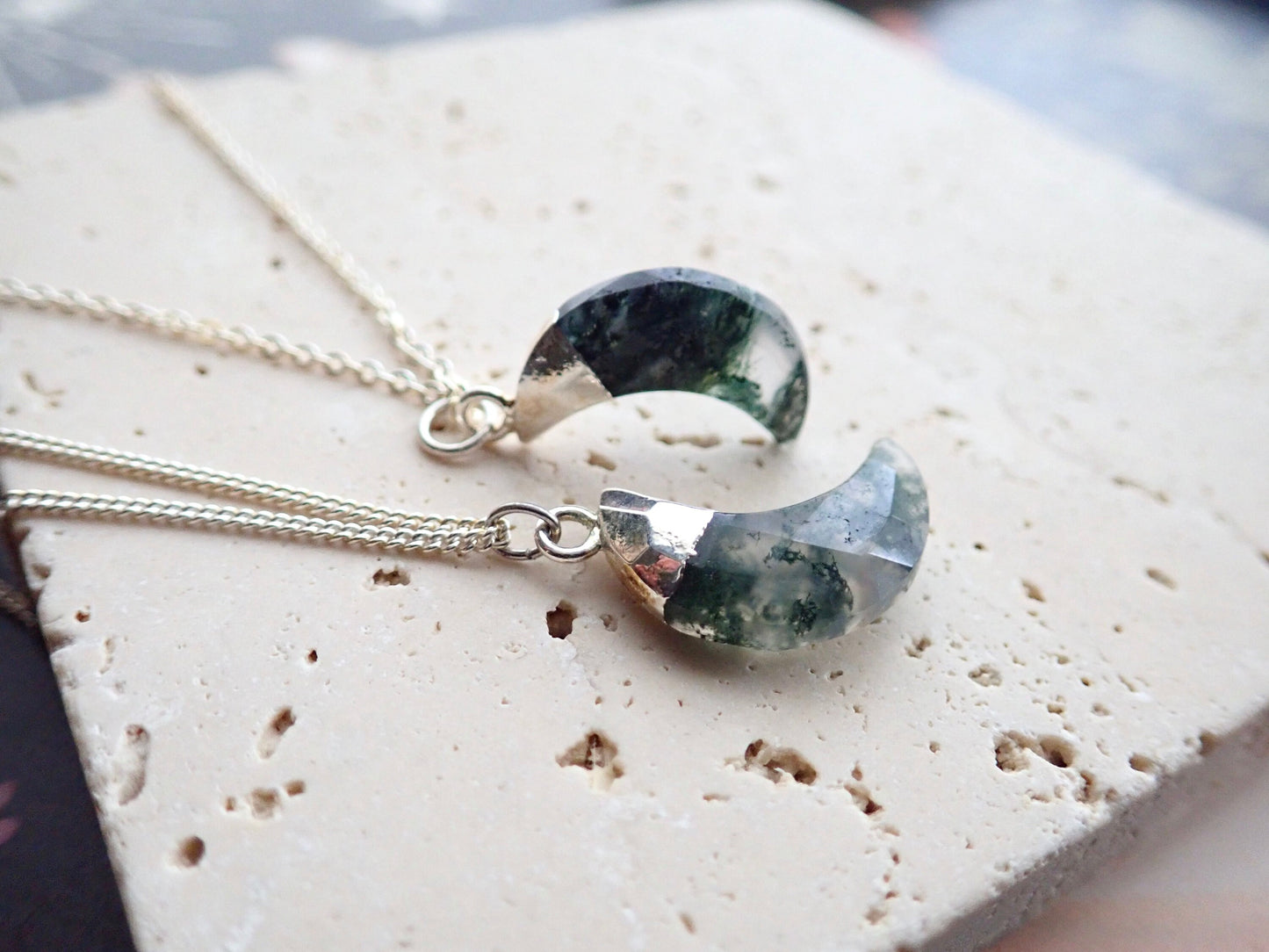 Moss Agate Necklace, Silver - Crescent Moon Pendant - Celestial Jewelry