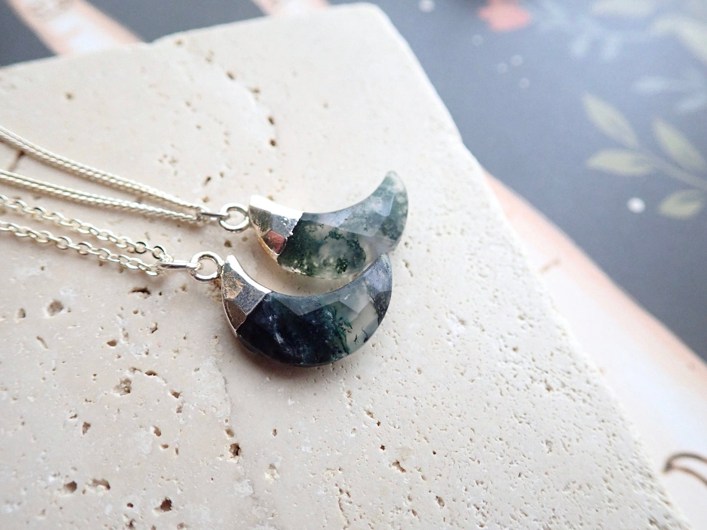 Moss Agate Necklace, Silver - Crescent Moon Pendant - Celestial Jewelry
