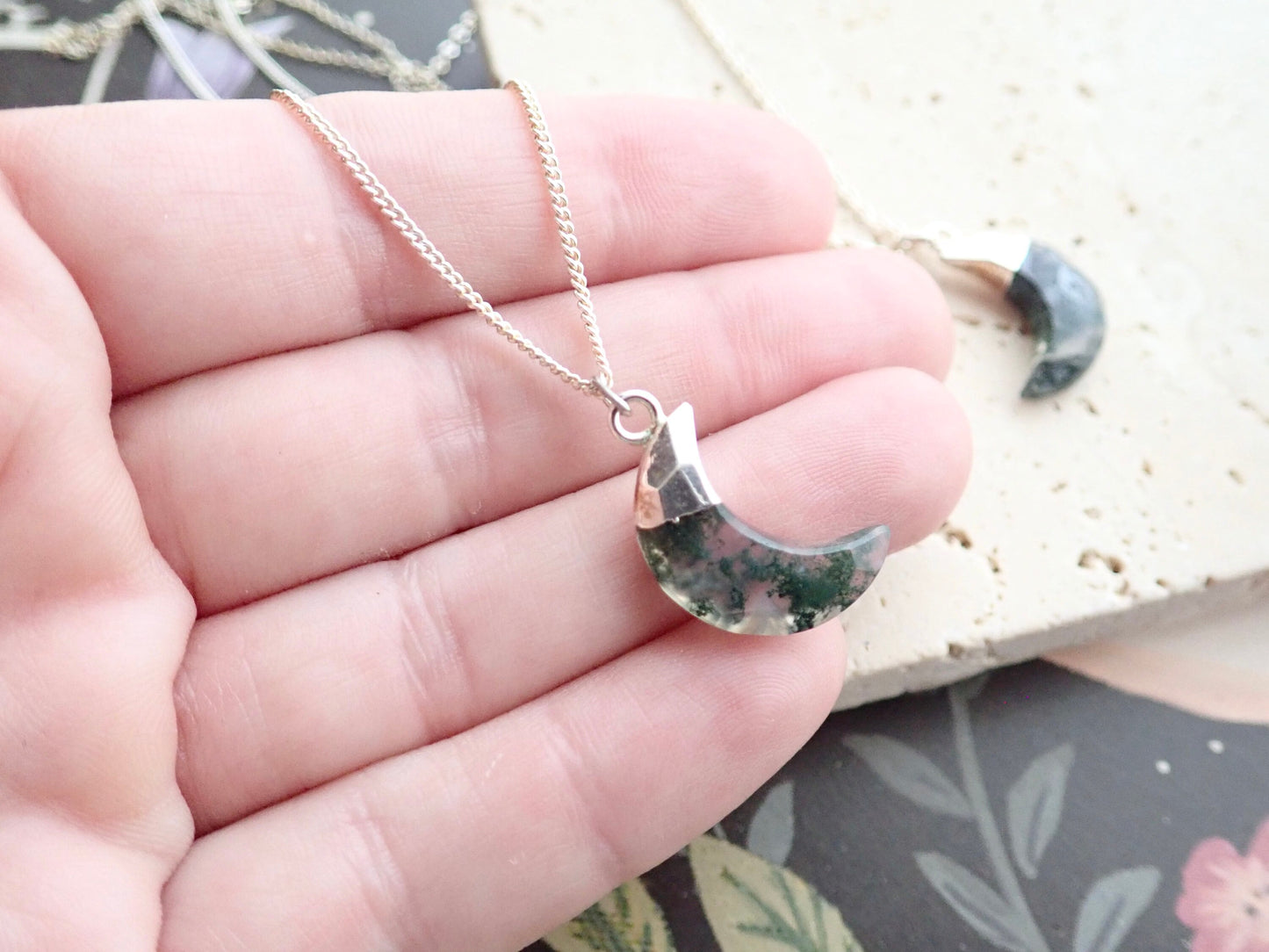 Moss Agate Necklace, Silver - Crescent Moon Pendant - Celestial Jewelry