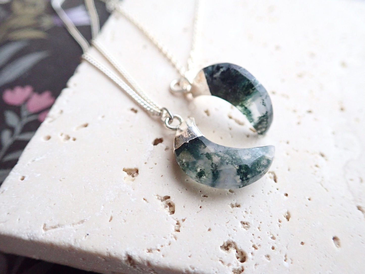 Moss Agate Necklace, Silver - Crescent Moon Pendant - Celestial Jewelry