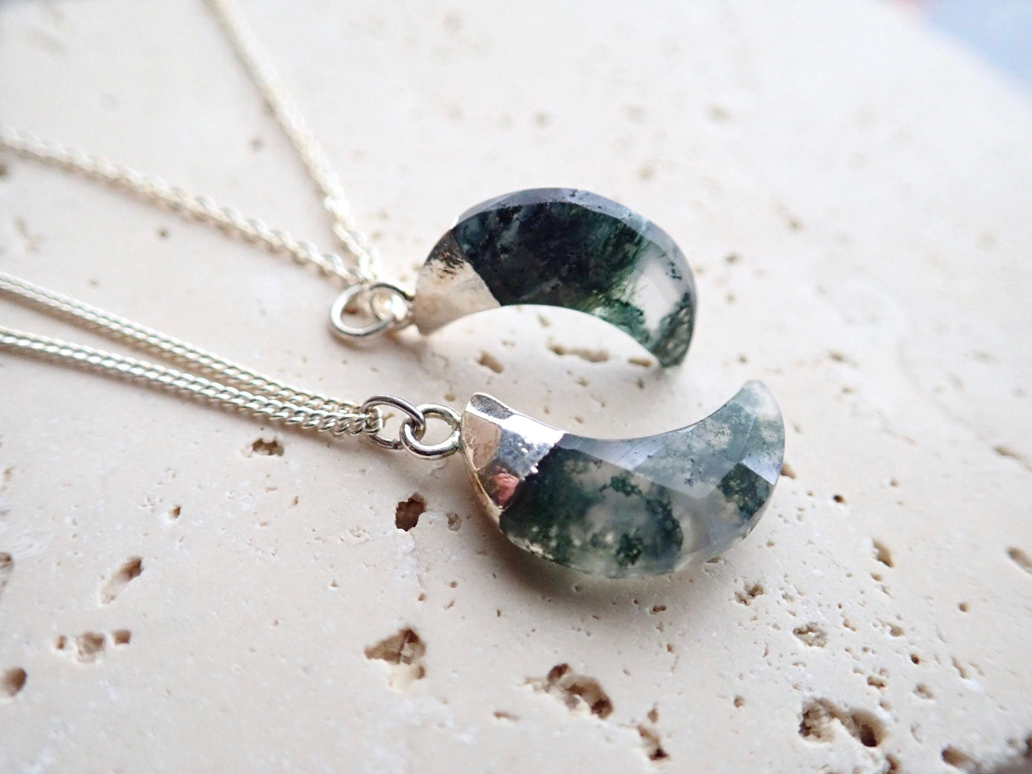 Moss Agate Necklace, Silver - Crescent Moon Pendant - Celestial Jewelry