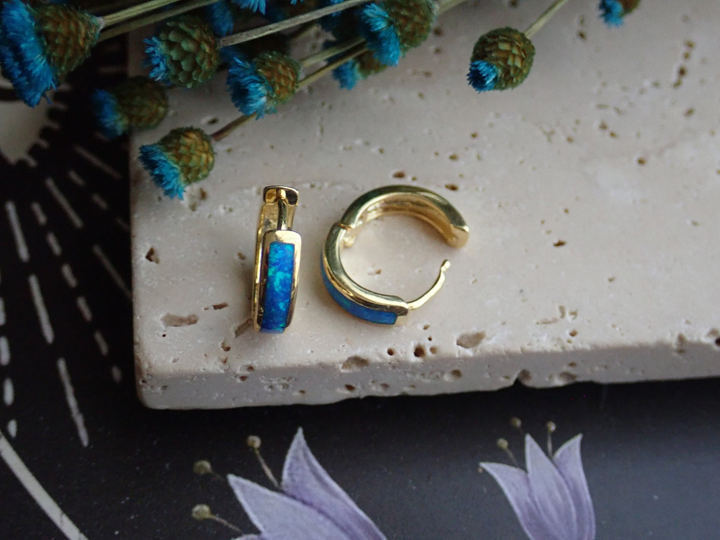 Opal Inlay Huggie Hoops - Blue or White Opal Earrings - Gold Gemstone Hoops