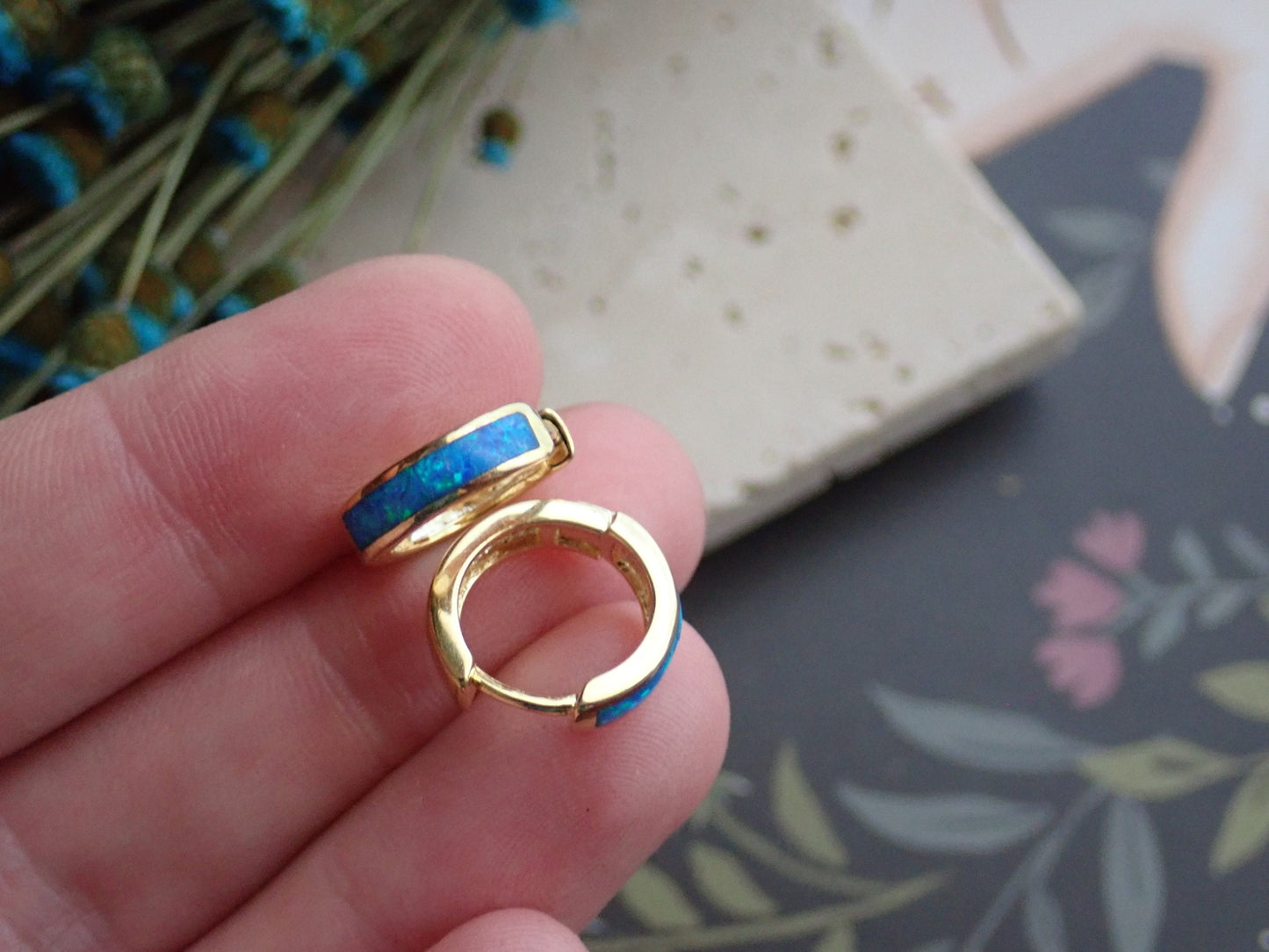Opal Inlay Huggie Hoops - Blue or White Opal Earrings - Gold Gemstone Hoops