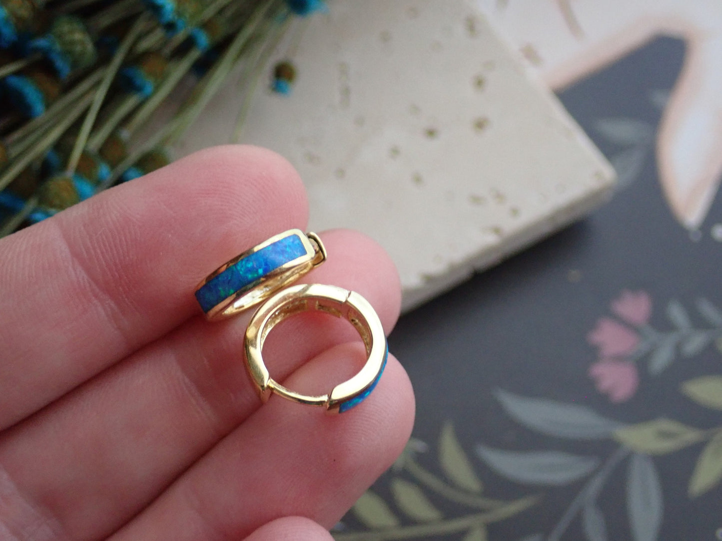 Opal Inlay Huggie Hoops, Small Opal Hoop Earrings,Dainty Gold Gemstone Hoops,Small White Opal Hoops, Opal Jewelry, October Birthstone Gift