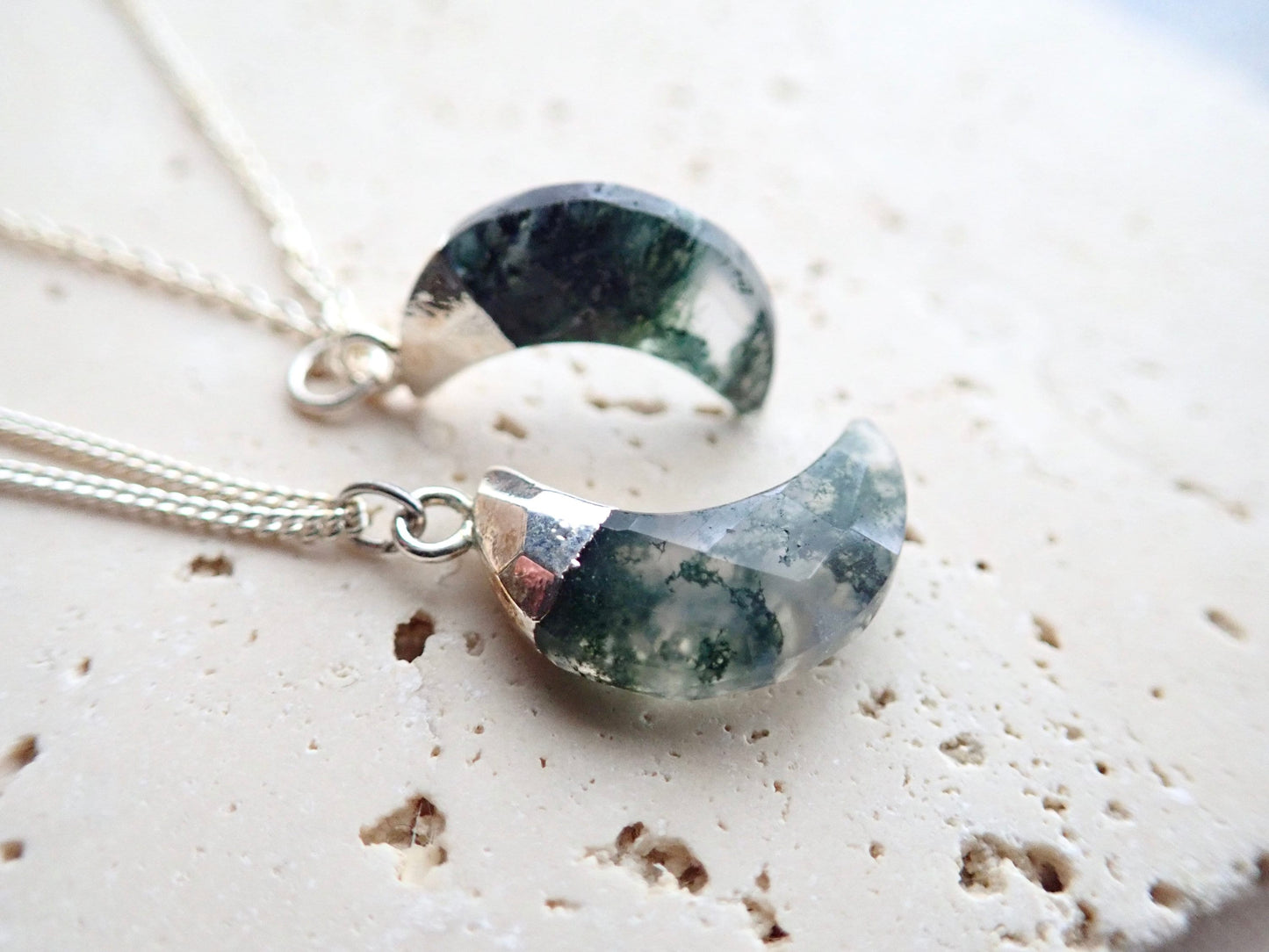 Moss Agate Necklace, Silver - Crescent Moon Pendant - Celestial Jewelry
