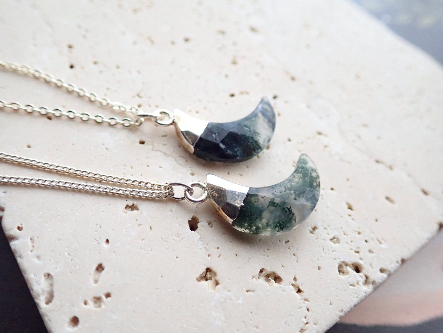 Moss Agate Necklace, Silver - Crescent Moon Pendant - Celestial Jewelry
