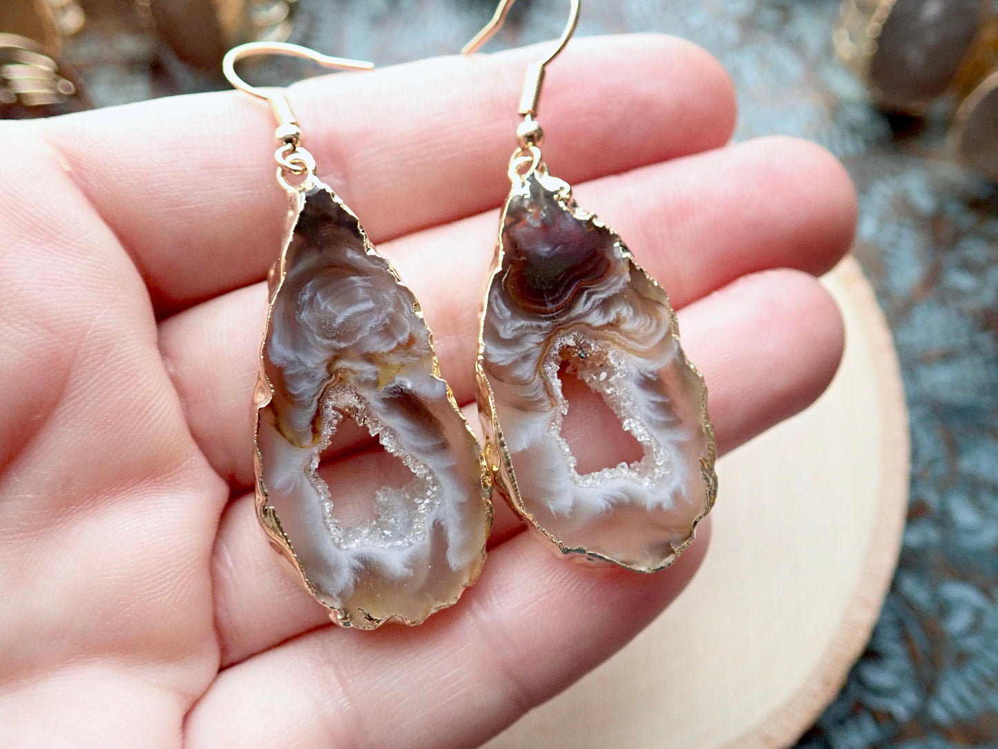 Natural Geode Slice Dangle Earrings – Swirled Druzy Centers Edged in 14k Gold, Statement Crystal Jewelry