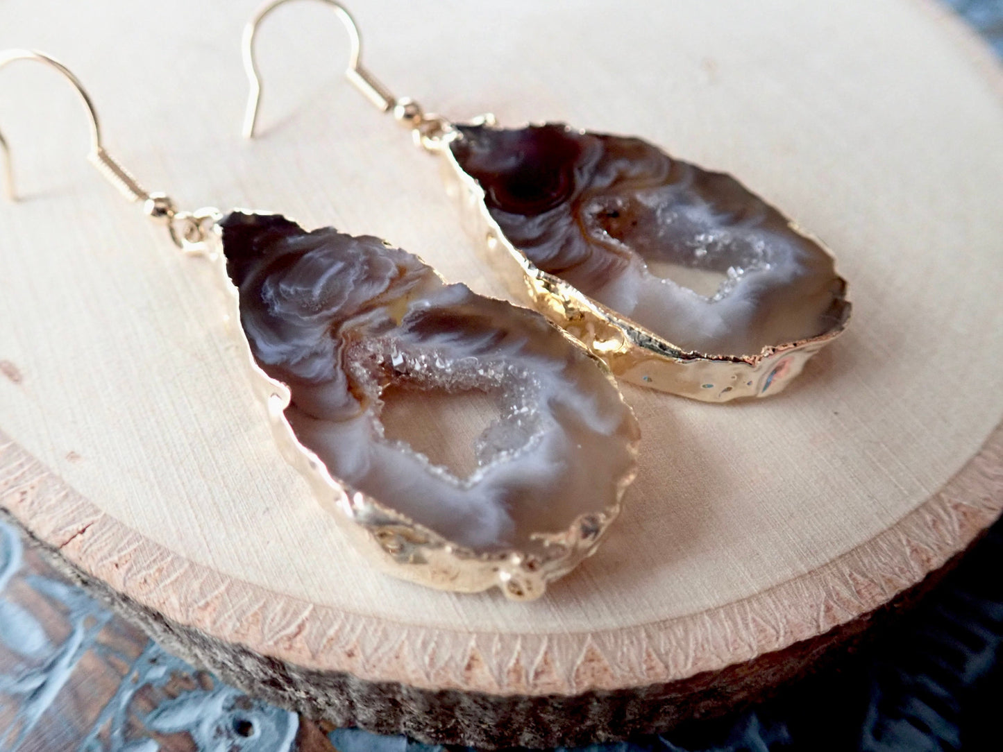 Natural Geode Slice Dangle Earrings – Swirled Druzy Centers Edged in 14k Gold, Statement Crystal Jewelry