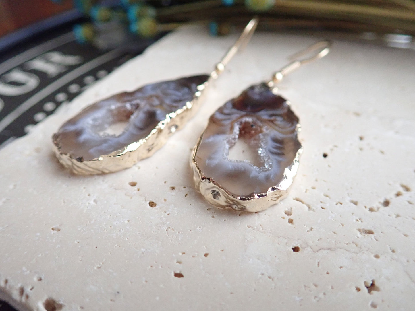 Natural Geode Slice Dangle Earrings – Swirled Druzy Centers Edged in 14k Gold, Statement Crystal Jewelry