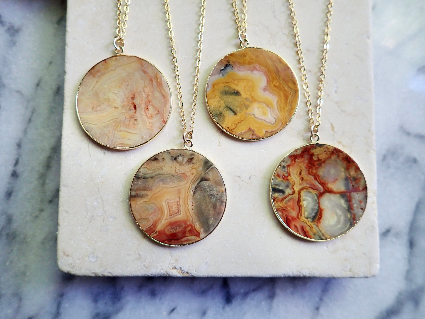 Large Lace Agate Slice Necklace – Surrounded in 14k Gold, Non-Tarnish Chain, Natural Stone Jewelry
