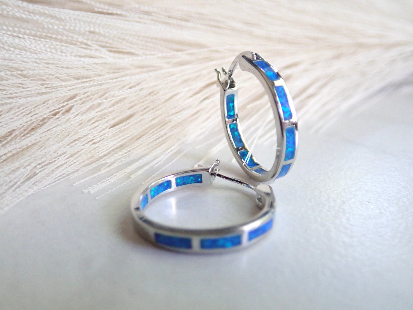 Silver Opal Hoop Earrings Inlaid with Blue Opal - Medium Gemstone Hoops - October Birthstone Gift