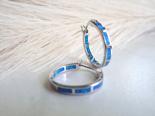 Silver Opal Hoop Earrings Inlaid with Blue Opal - Medium Gemstone Hoops - October Birthstone Gift