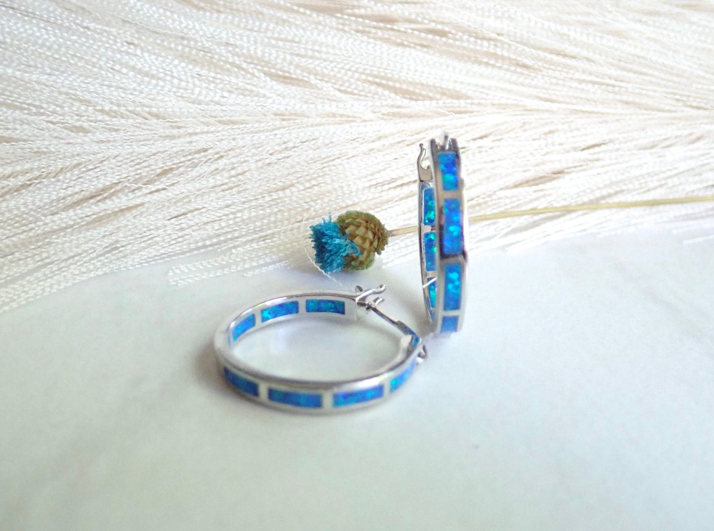 Silver Opal Hoop Earrings Inlaid with Blue Opal - Medium Gemstone Hoops - October Birthstone Gift