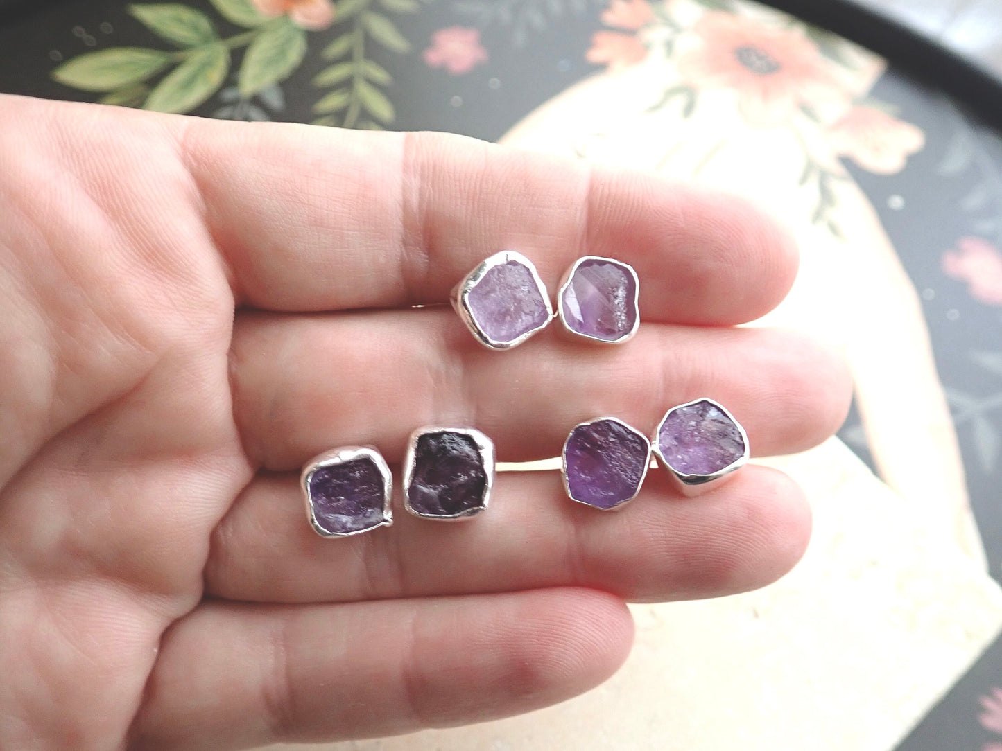 Raw Amethyst Gemstone Earrings – 14k Gold or Sterling Silver Stud Setting - February Birthstone Gift