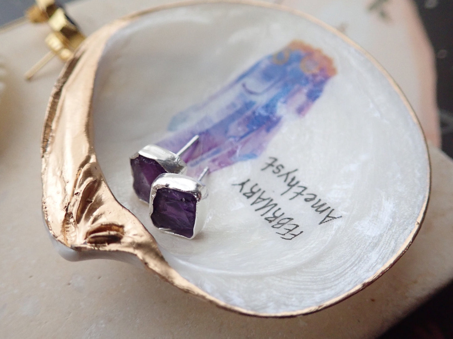 Raw Amethyst Gemstone Earrings – 14k Gold or Sterling Silver Stud Setting - February Birthstone Gift