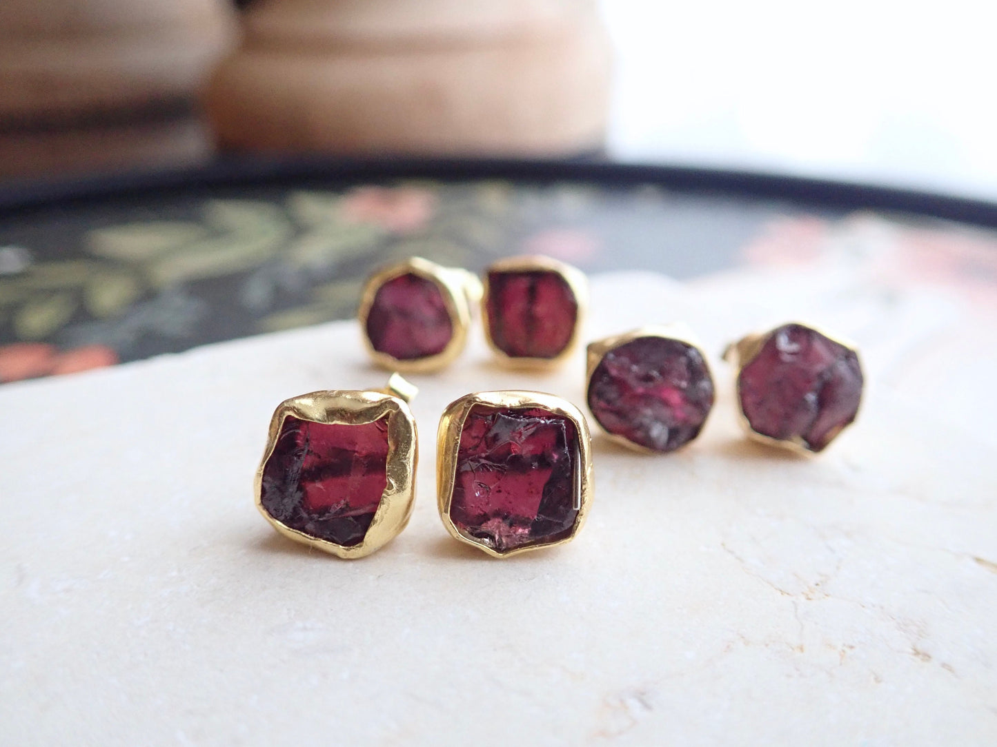 Raw Garnet Stud Earrings – Hand Wrapped in 14k Gold Vermeil | Natural January Birthstone Jewelry