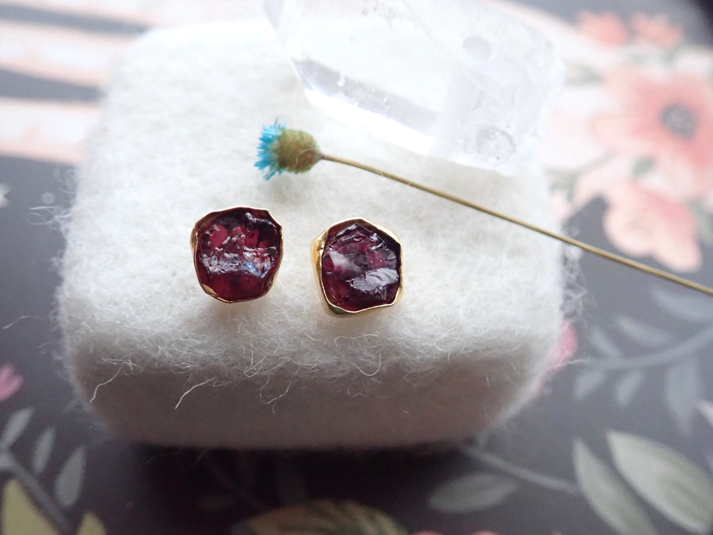 Raw Garnet Stud Earrings – Hand Wrapped in 14k Gold Vermeil | Natural January Birthstone Jewelry