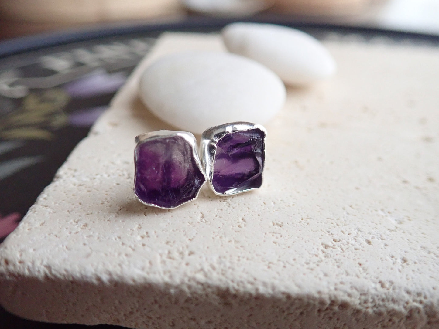 Raw Amethyst Gemstone Earrings – 14k Gold or Sterling Silver Stud Setting - February Birthstone Gift
