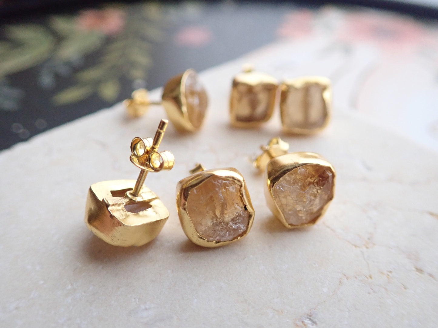 Raw Citrine Stud Earrings – 18k Gold Vermeil over Sterling Silver, Hypoallergenic