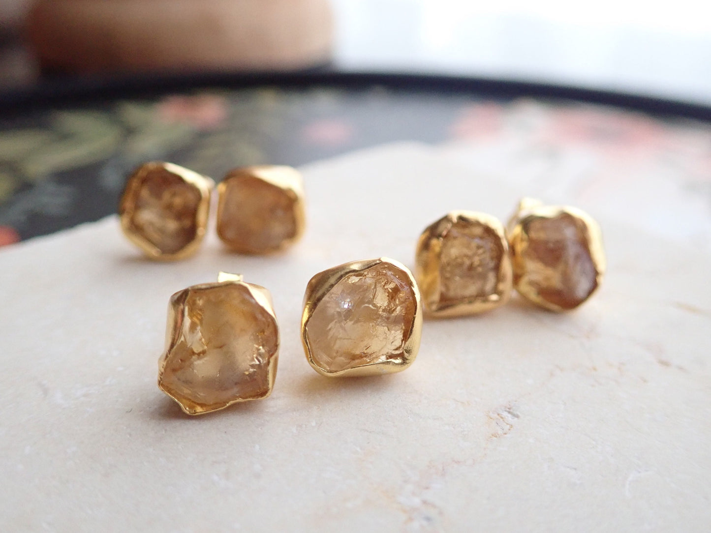 Raw Citrine Stud Earrings – 18k Gold Vermeil over Sterling Silver, Hypoallergenic