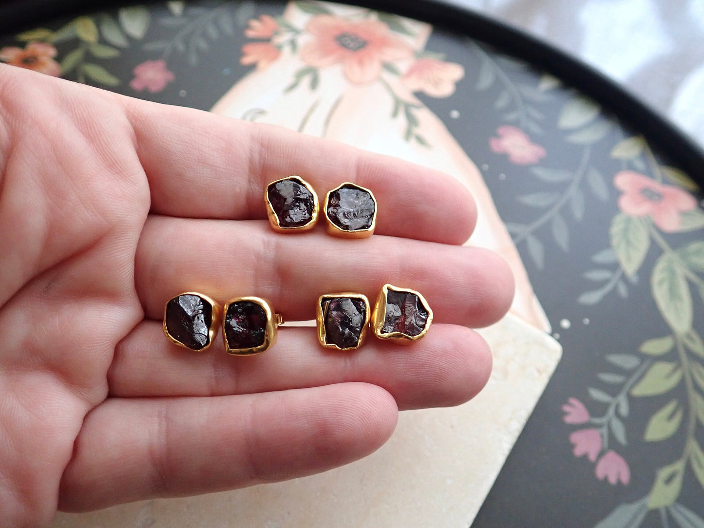 Raw Garnet Stud Earrings – Hand Wrapped in 14k Gold Vermeil | Natural January Birthstone Jewelry
