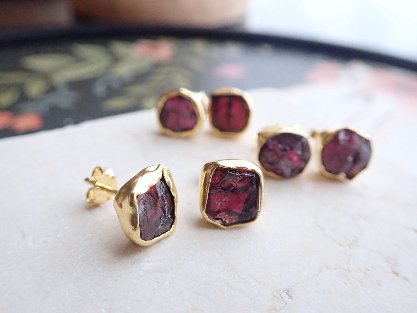 Raw Garnet Stud Earrings – Hand Wrapped in 14k Gold Vermeil | Natural January Birthstone Jewelry