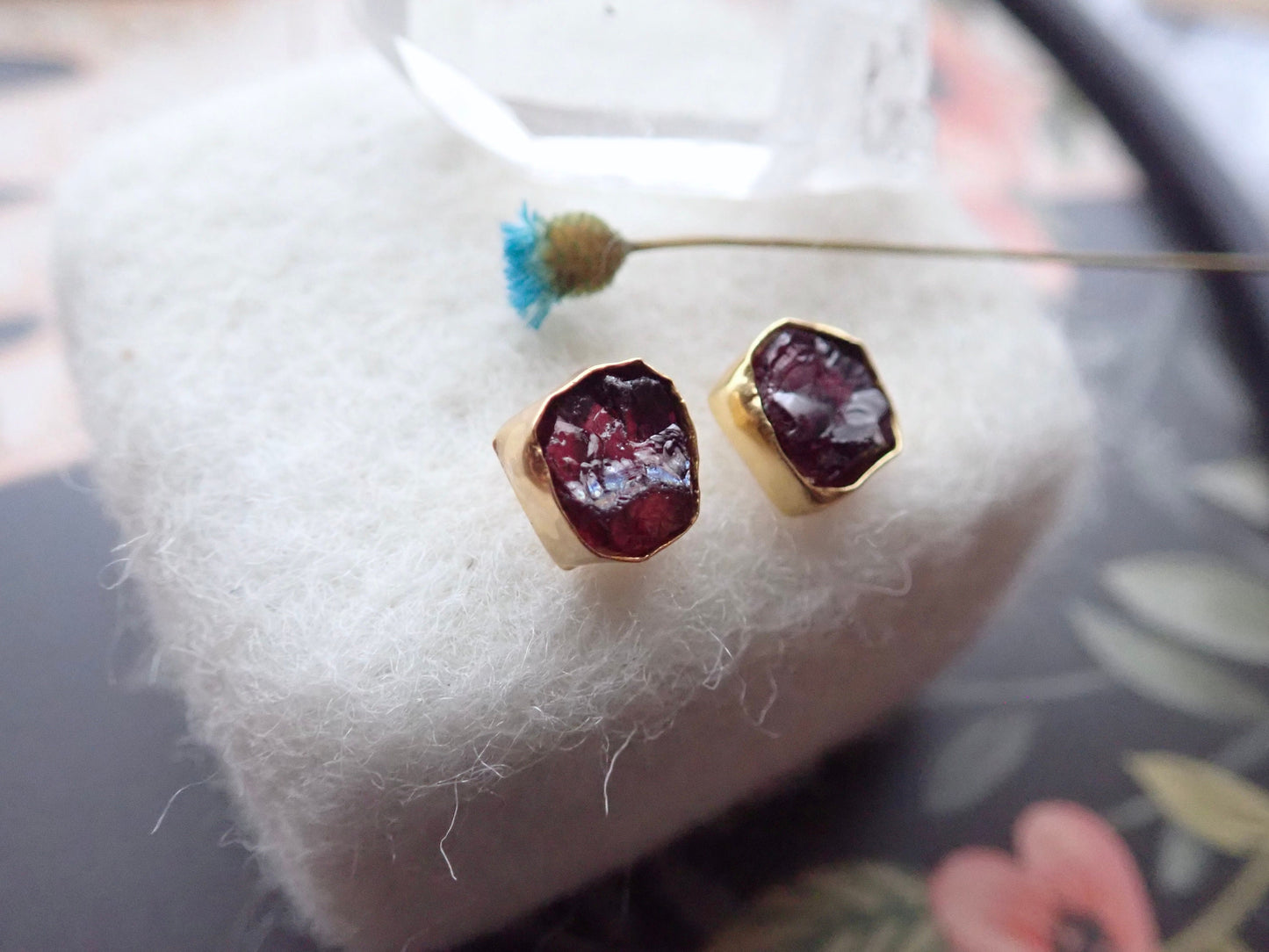 Raw Garnet Stud Earrings – Hand Wrapped in 14k Gold Vermeil | Natural January Birthstone Jewelry