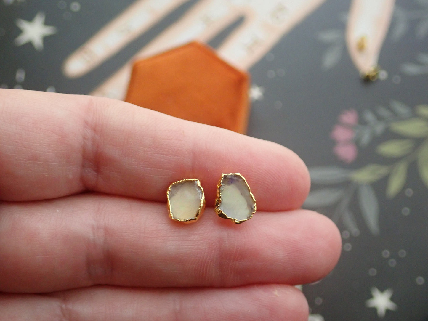 Clear Fire Opal Stud Earrings, October Birthstone Earrings, Opal Jewelry Gift