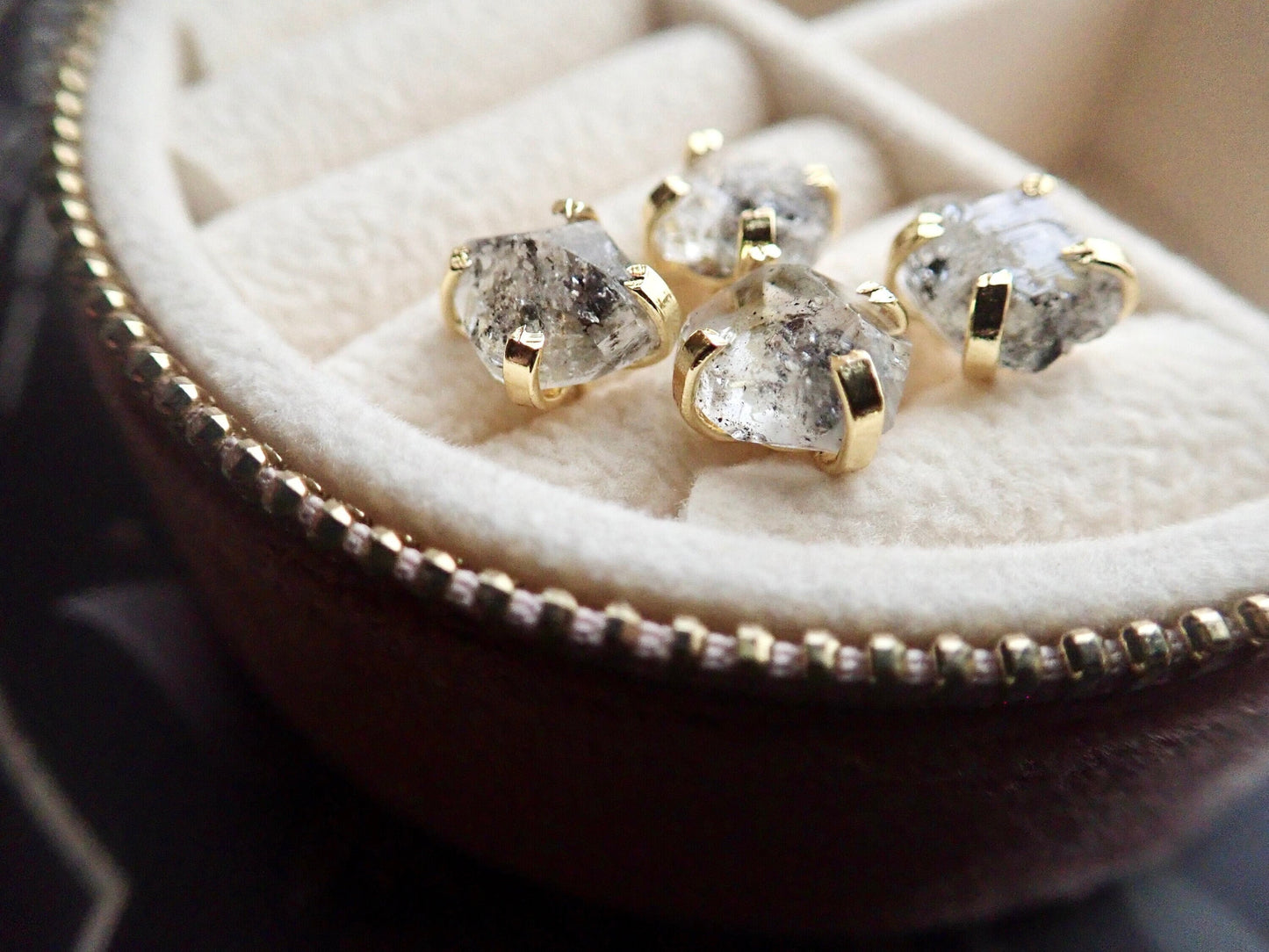 Raw Herkimer Diamond Stud Earrings – 14k Gold Plated Prong Set | Natural Crystal Earrings for Women