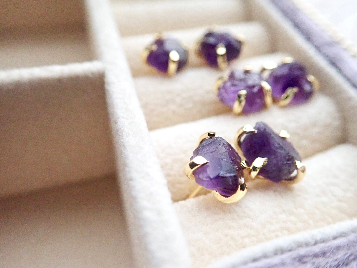 Natural Amethyst Stud Earrings – 14k Gold Plated Prong Setting | Natural Gemstone Jewelry, February Birthstone
