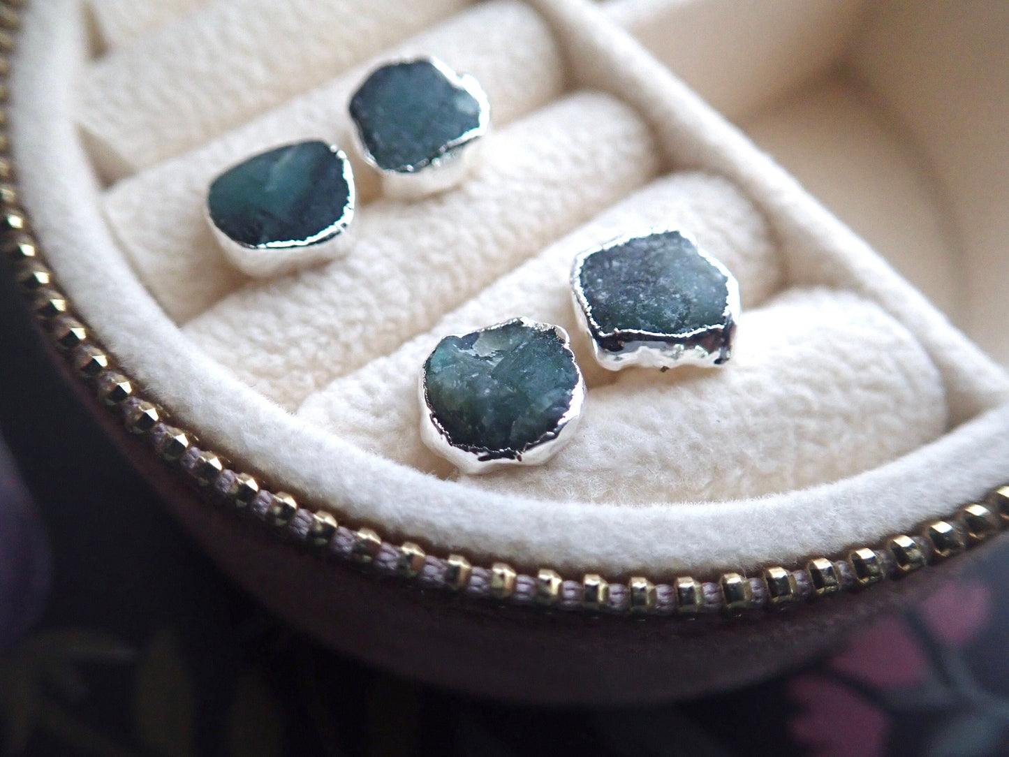 Raw Emerald Stud Earrings – Natural May Birthstone in Silver | Crystal Earrings for Her