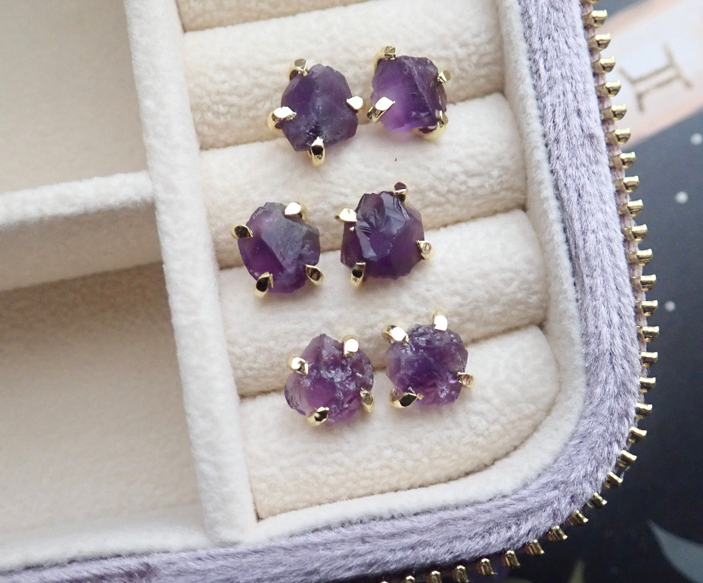 Natural Amethyst Stud Earrings – 14k Gold Plated Prong Setting | Natural Gemstone Jewelry, February Birthstone