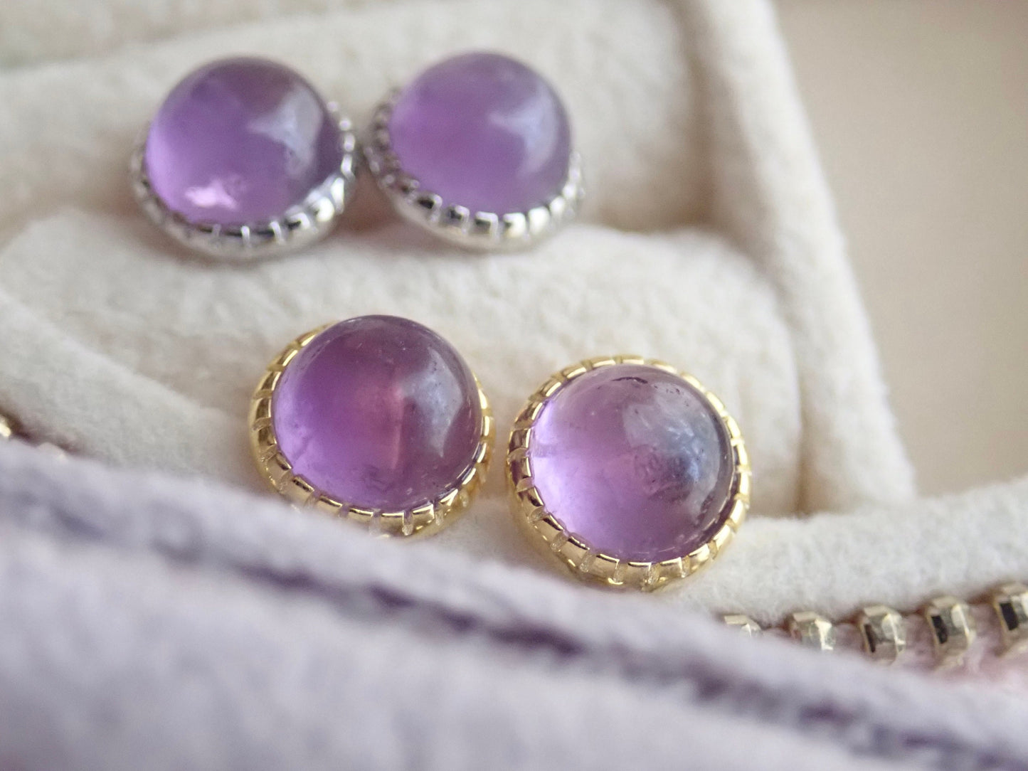 Dainty Polished Amethyst Studs – Bezel Set in Gold or Silver | Ideal for Stacking & Layering