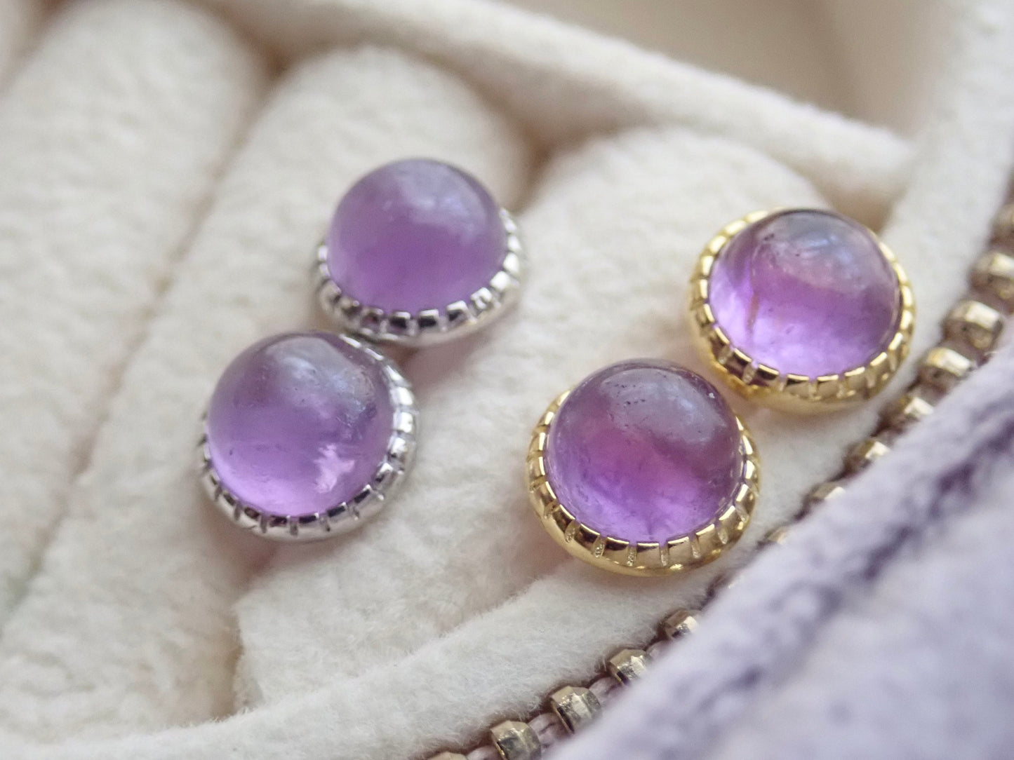 Dainty Polished Amethyst Studs – Bezel Set in Gold or Silver | Ideal for Stacking & Layering