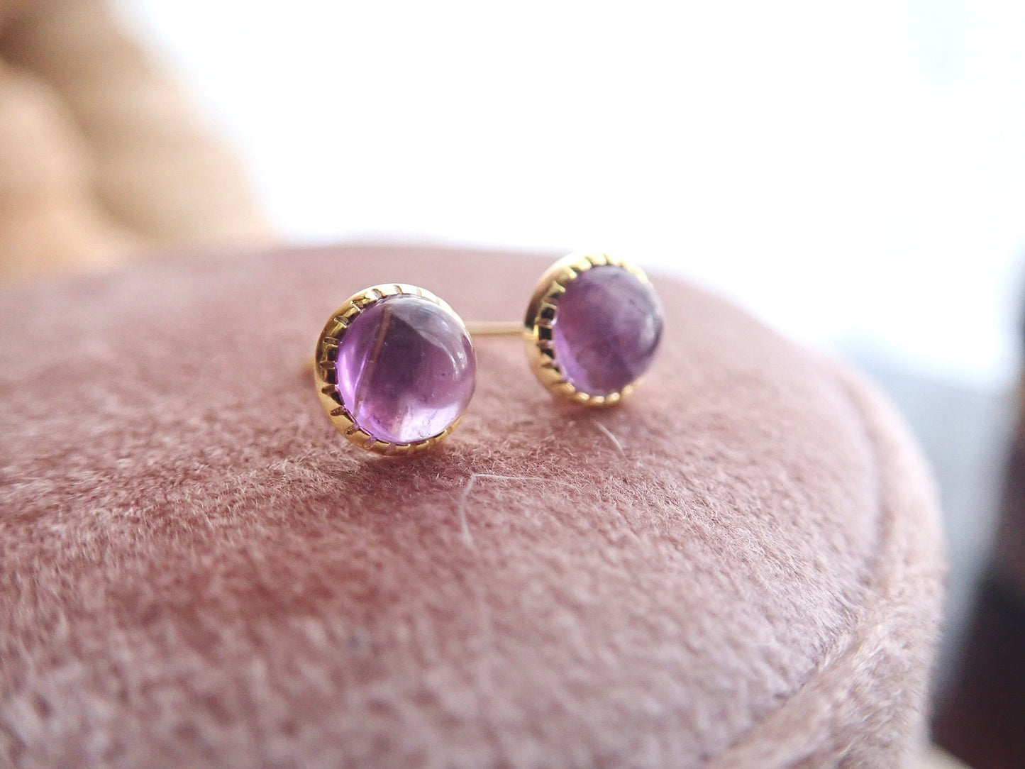 Dainty Polished Amethyst Studs – Bezel Set in Gold or Silver | Ideal for Stacking & Layering