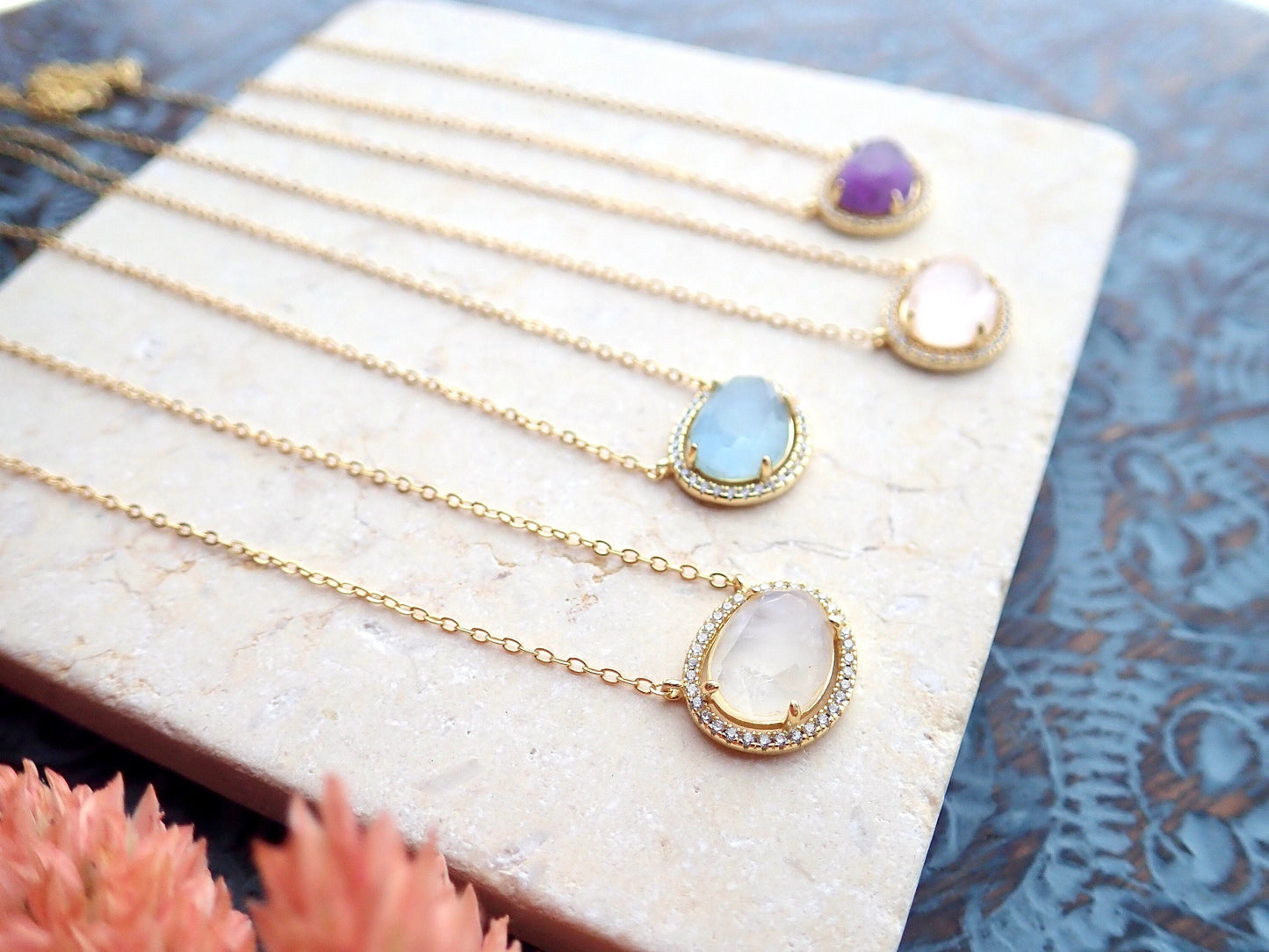 Aquamarine Pendant Necklace with Pave Crystal Setting – Elegant Gold or Silver March Birthstone Jewelry