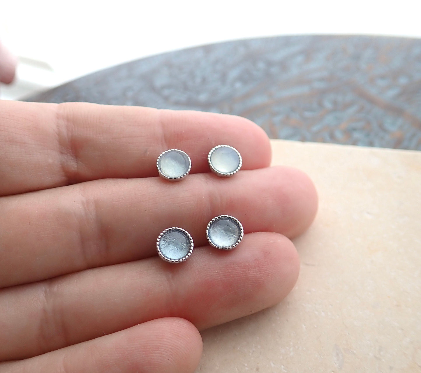 Small Round Aquamarine Stud Earrings – Sterling Silver Bezel Setting