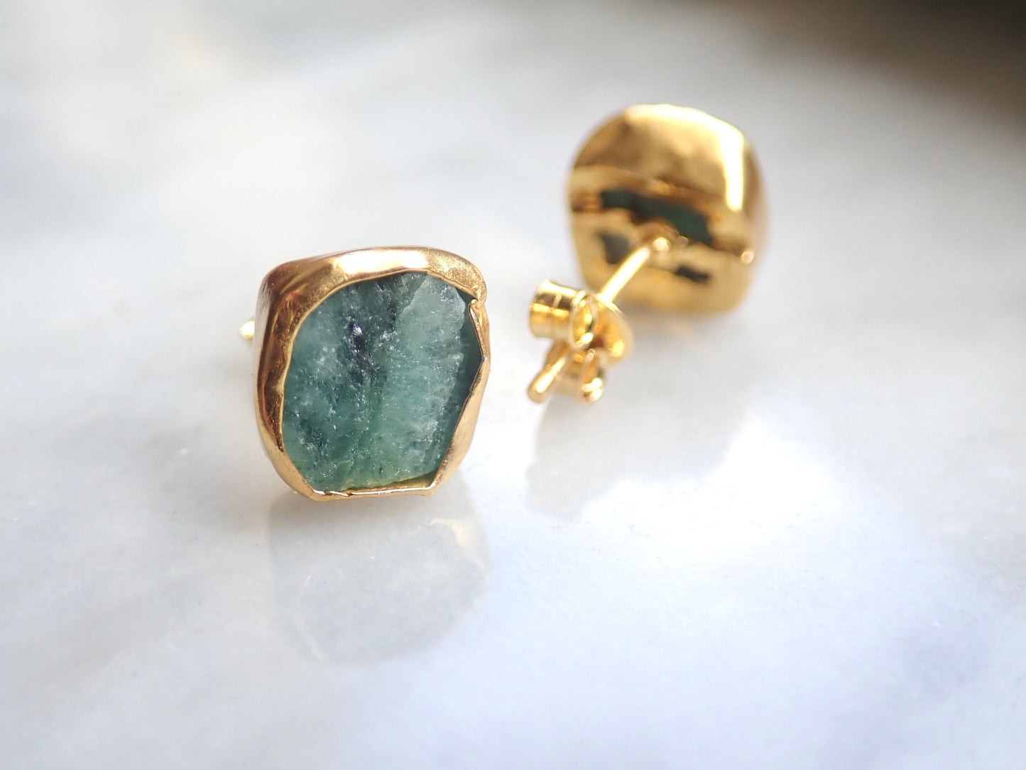 Raw Emerald Stud Earrings | May Birthstone Earrings Her | Gold Vermeil Hypo-Allergenic Gemstone Studs
