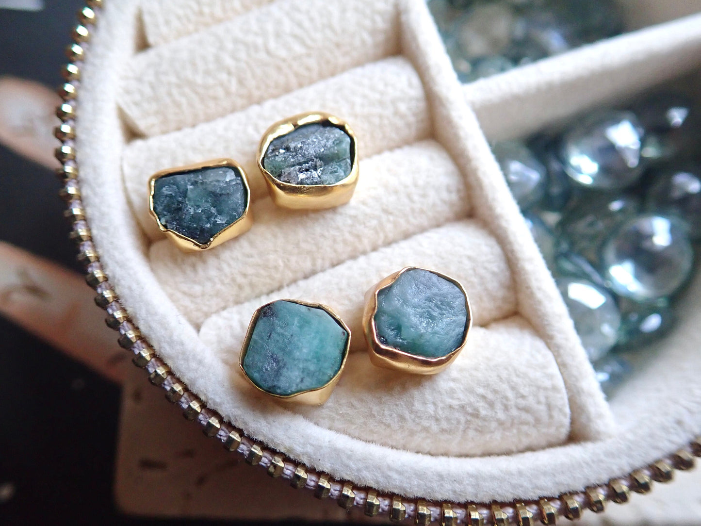 Raw Emerald Stud Earrings | May Birthstone Earrings Her | Gold Vermeil Hypo-Allergenic Gemstone Studs