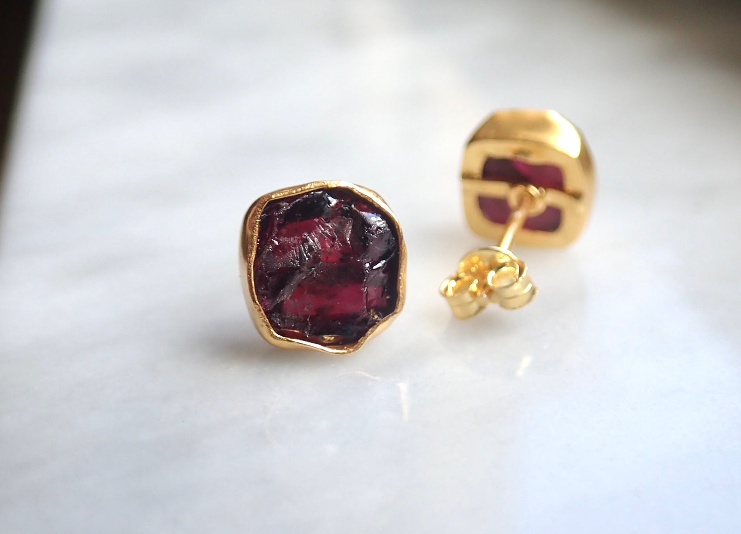 Raw Garnet Stud Earrings – Hand Wrapped in 14k Gold Vermeil | Natural January Birthstone Jewelry