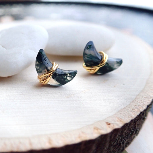 Crescent Moon Moss Agate Stud Earrings – Wire Wrapped in 14k Gold Fill or Sterling Silver, Handmade Crystal Jewelry