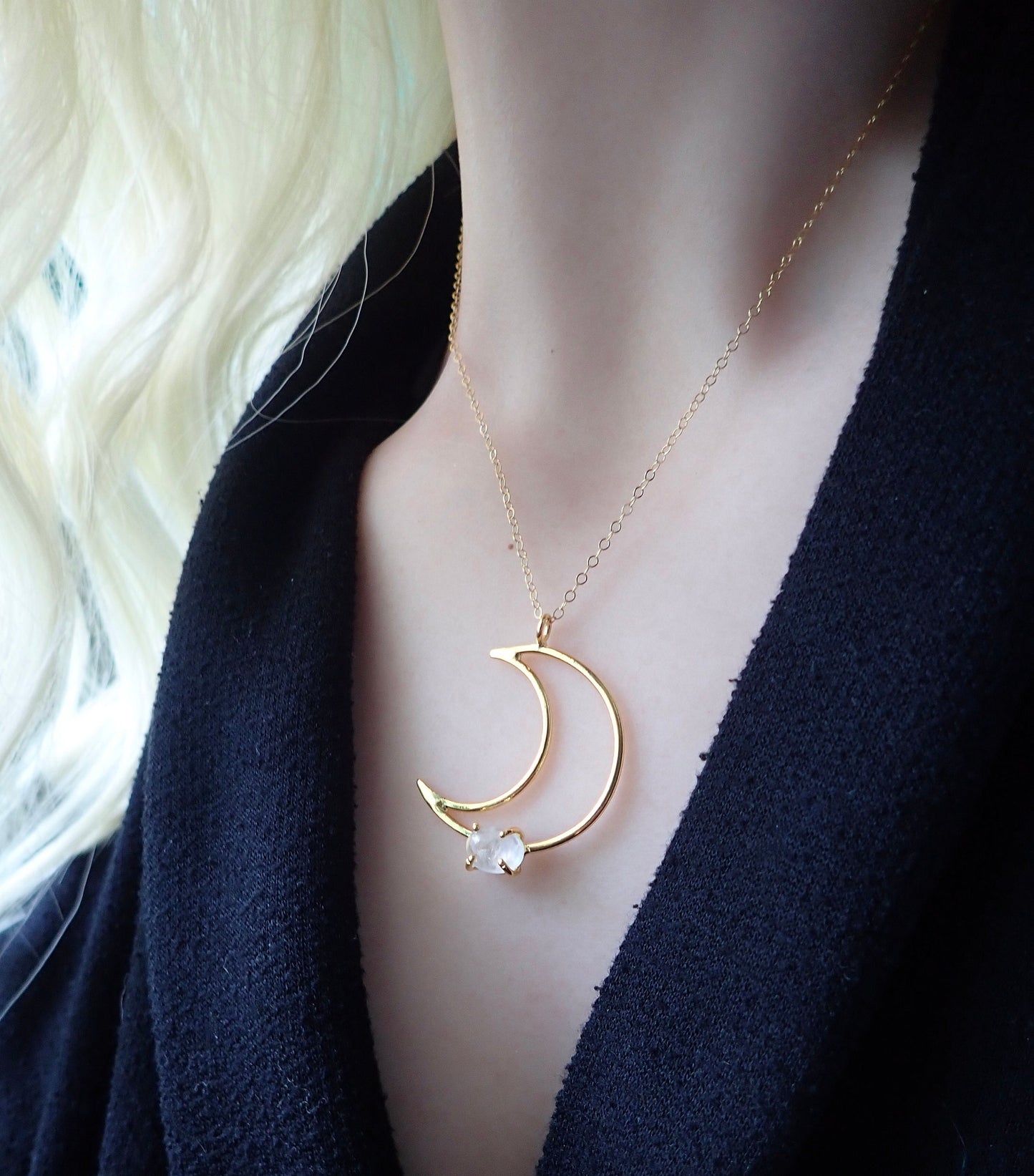 Moonstone Moon Necklace Gold, Crescent Moon Necklace, June Birthstone Crystal Necklace , Moon Gemstone Pendant, Handmade Jewelry Gift