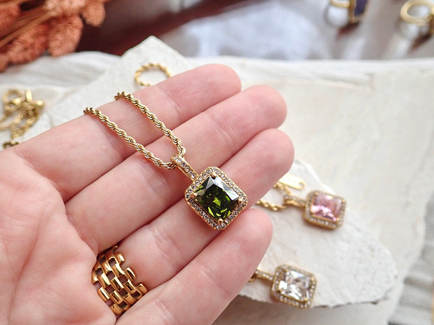 Waterproof Zircon Emerald Cut Gemstone Necklace – 18k Gold Filled Pavé Pendant on Chunky Rope Chain – Tarnish-Free Jewelry in Pink, Olivine, or Diamond