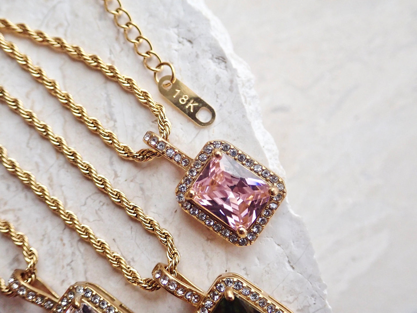 Waterproof Zircon Emerald Cut Gemstone Necklace – 18k Gold Filled Pavé Pendant on Chunky Rope Chain – Tarnish-Free Jewelry in Pink, Olivine, or Diamond