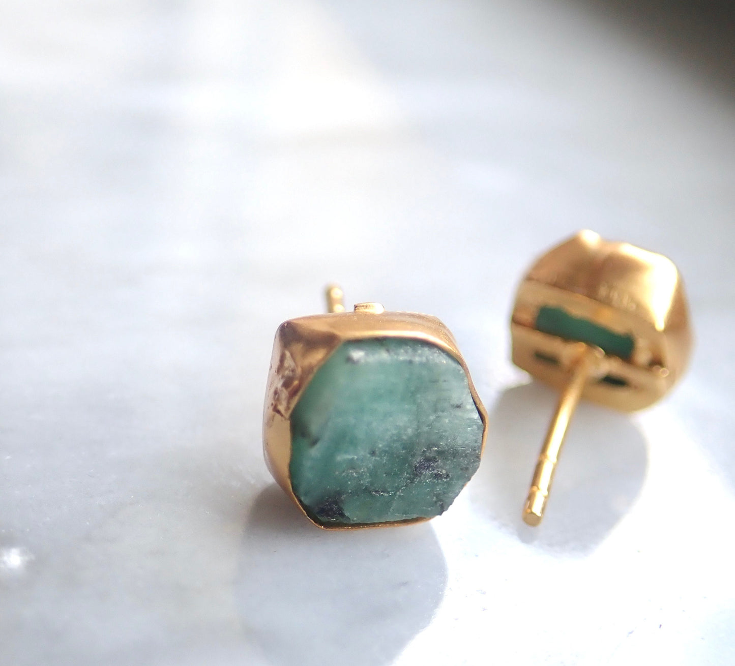 Raw Emerald Stud Earrings | May Birthstone Earrings Her | Gold Vermeil Hypo-Allergenic Gemstone Studs