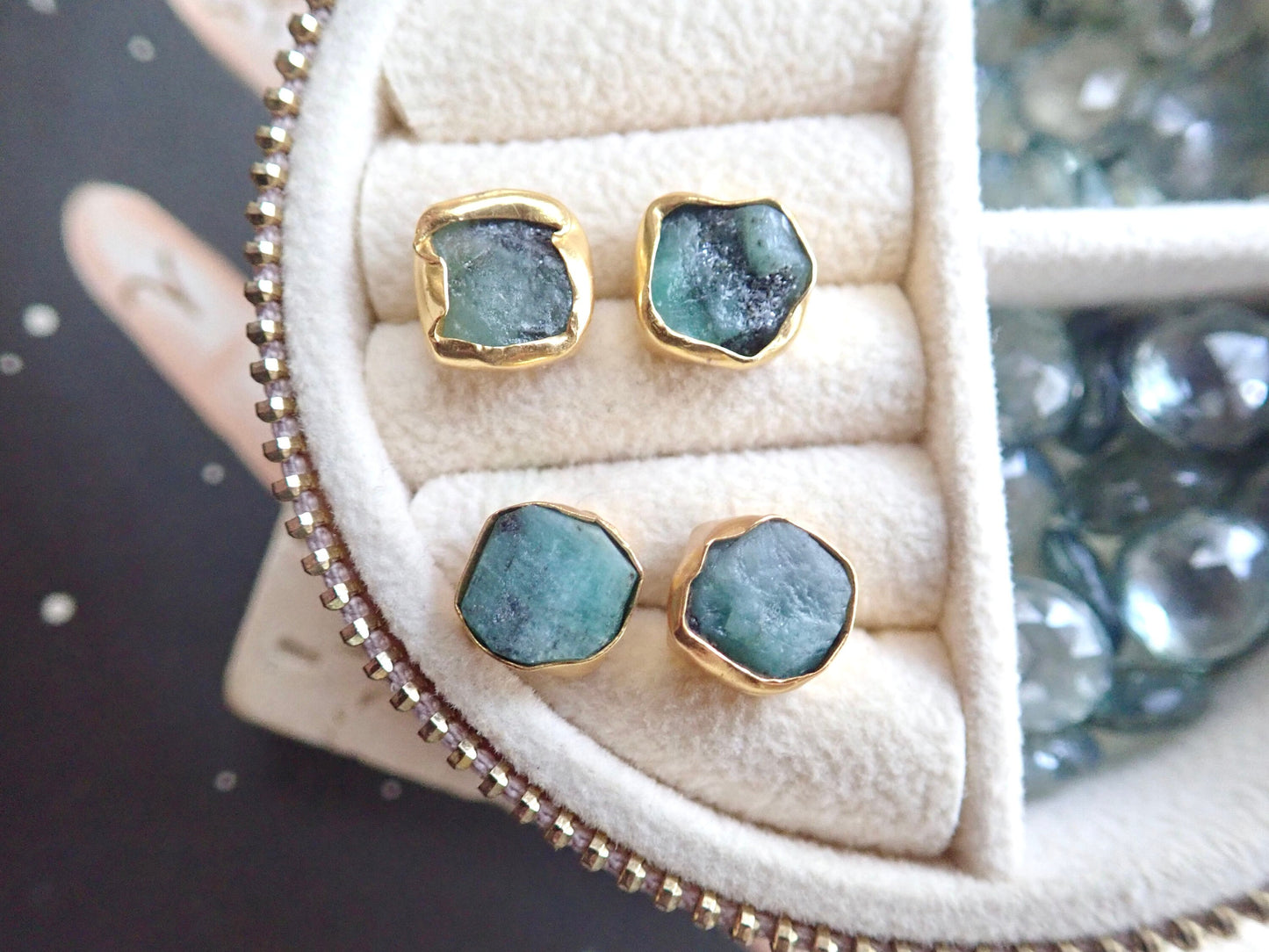 Raw Emerald Stud Earrings | May Birthstone Earrings Her | Gold Vermeil Hypo-Allergenic Gemstone Studs
