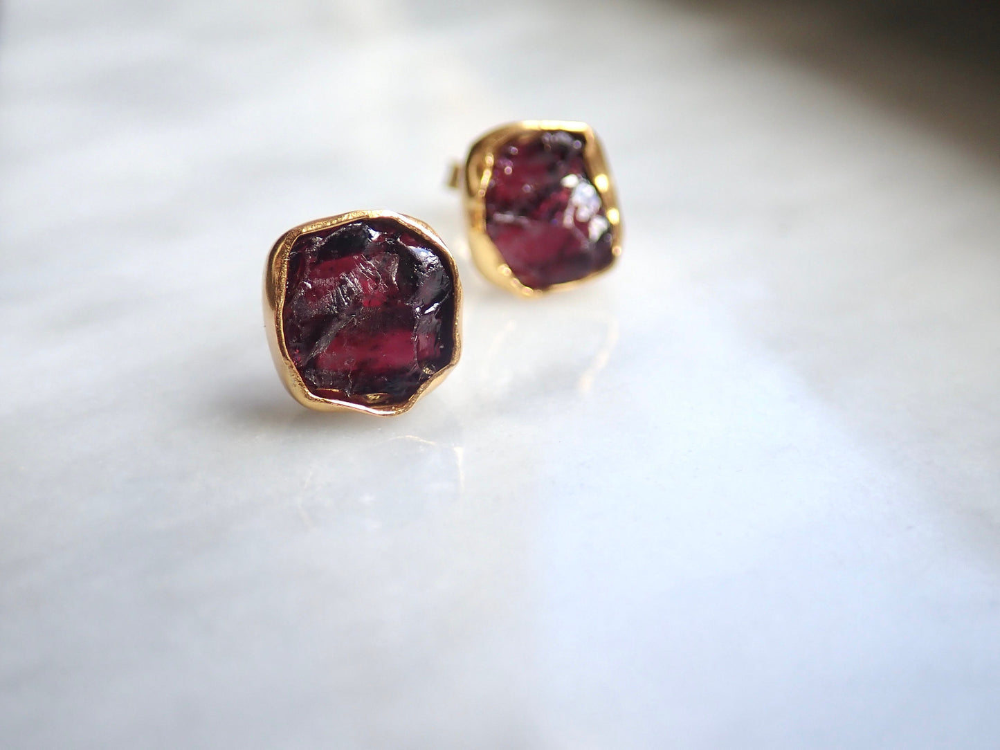 Raw Garnet Stud Earrings – Hand Wrapped in 14k Gold Vermeil | Natural January Birthstone Jewelry