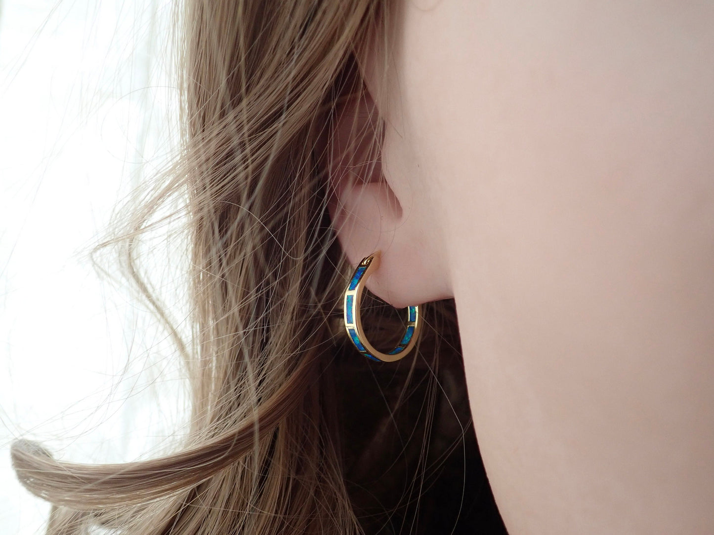 Silver Opal Hoop Earrings Inlaid with Blue Opal - Medium Gemstone Hoops - October Birthstone Gift