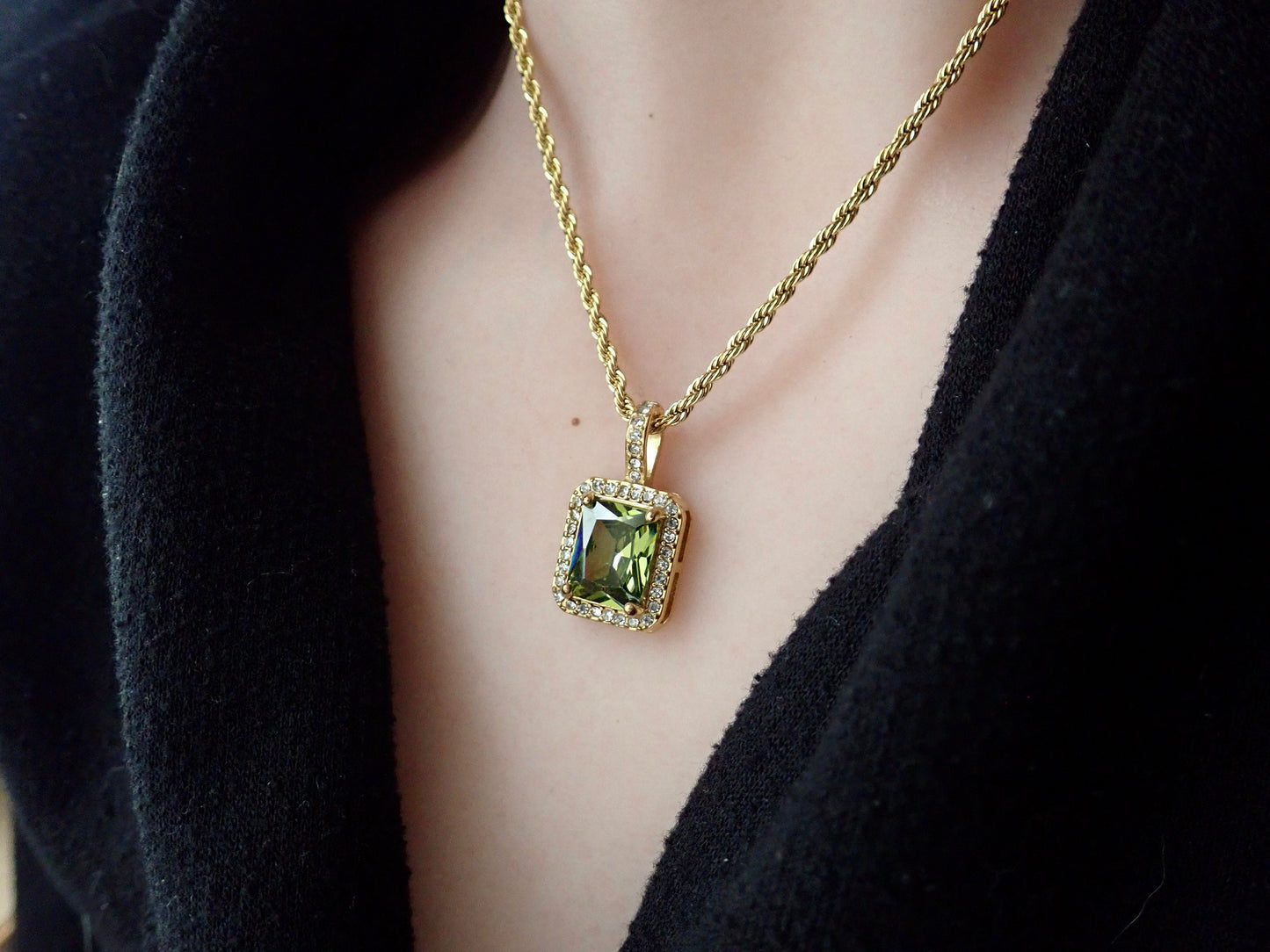 Waterproof Zircon Emerald Cut Gemstone Necklace – 18k Gold Filled Pavé Pendant on Chunky Rope Chain – Tarnish-Free Jewelry in Pink, Olivine, or Diamond